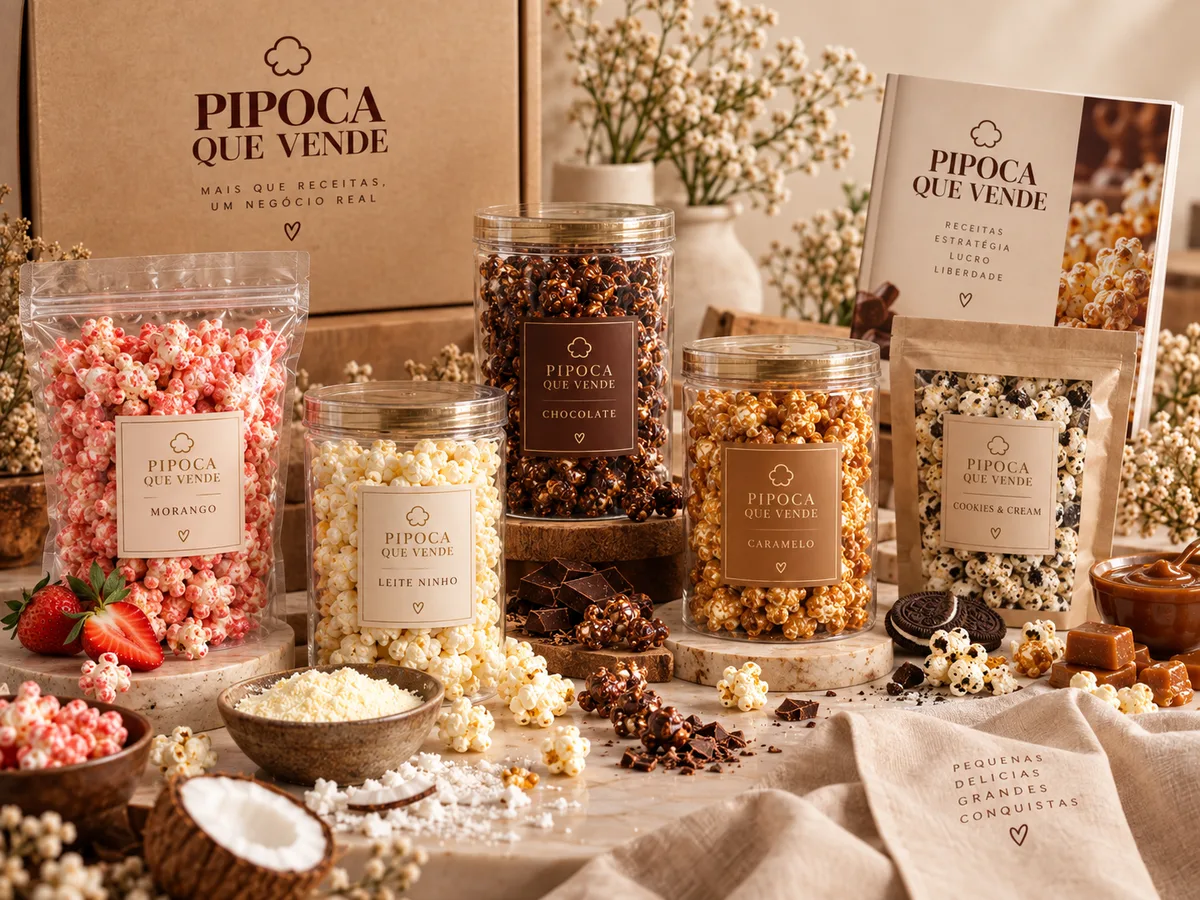 Mockup da marca Pipoca Que Vende com potes e embalagens de pipoca gourmet